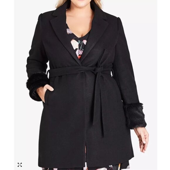 City Chic Jackets & Blazers - City Chic Black Faux Fur Cuff Belted Jacket Size 16 NWT